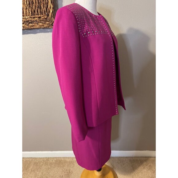 Kasper Dress & Jacket Blazer Suit Berry Pink 12 Silver Studded Neckline Stretch - Picture 12 of 15